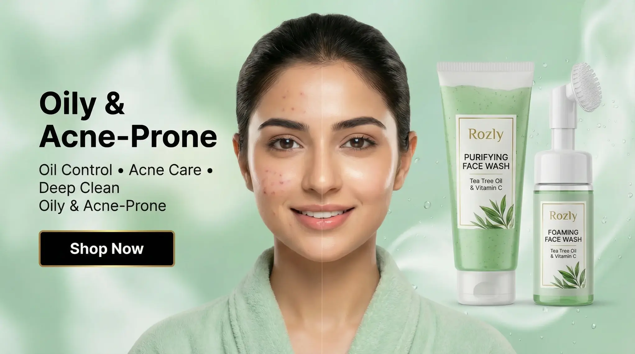 A girl showing a Salicylic Acid face wash for acne and oily skin with green luxury aesthetic