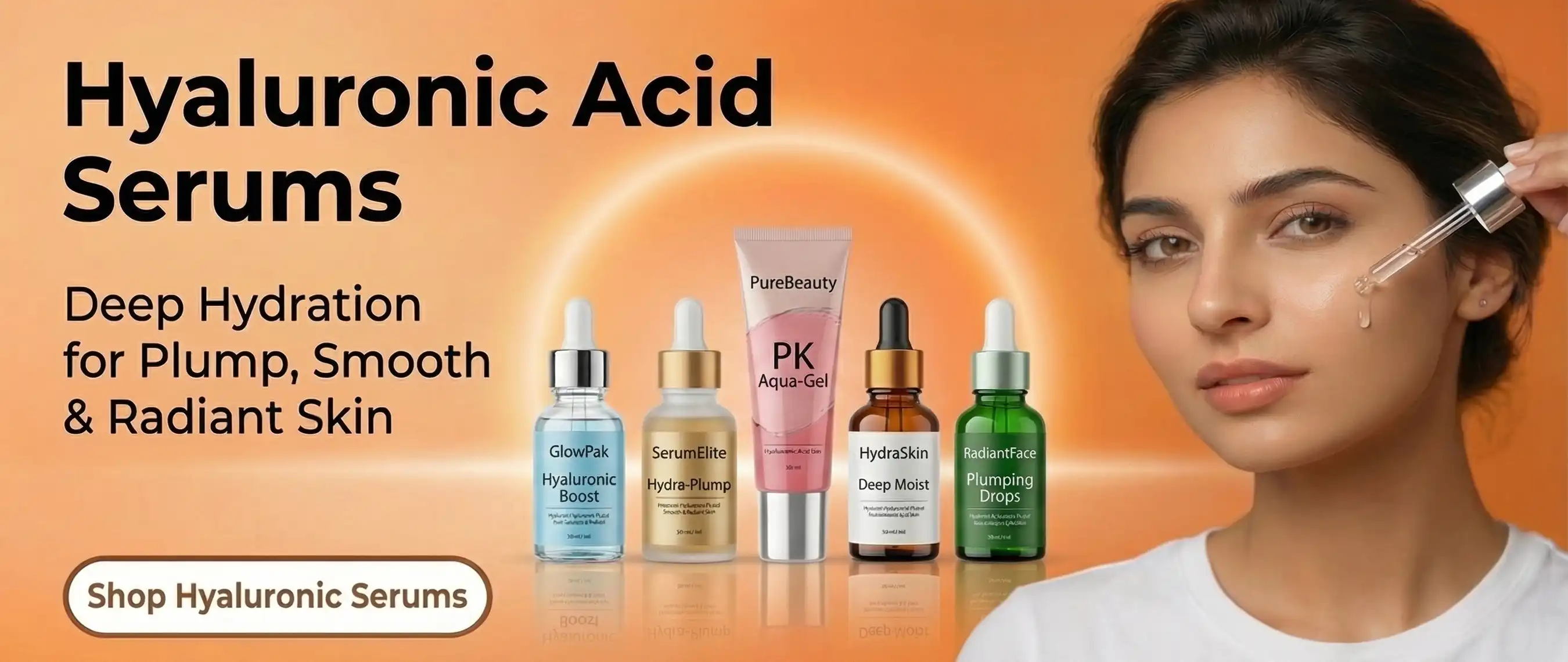 A girl applying Hyaluronic Acid Serums for deep hydration against a luxury golden cosmetics theme.