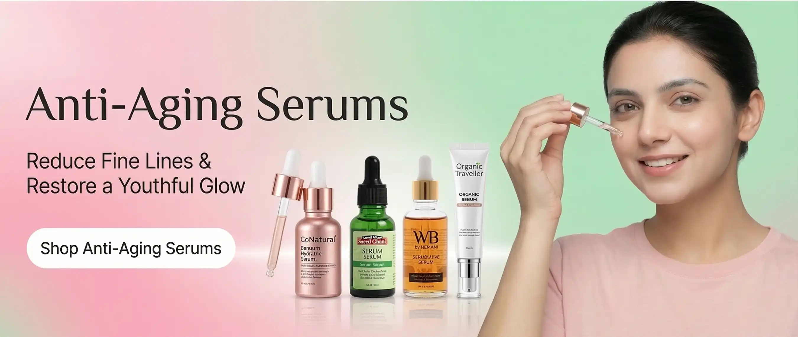 A girl applying Anti-Aging Serums to reduce fine lines against a luxury golden cosmetics theme.