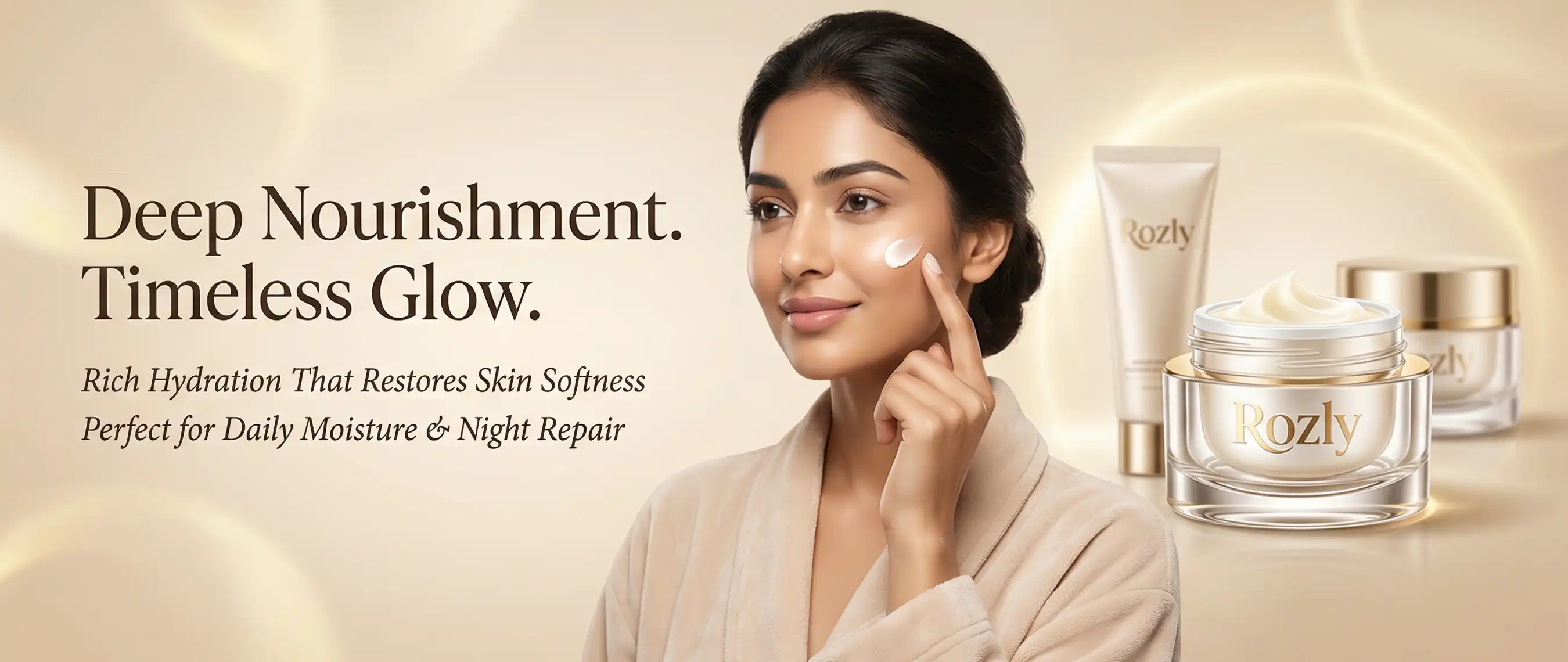 A girl applying a cream on the right cheek with silver luxury aesthetic