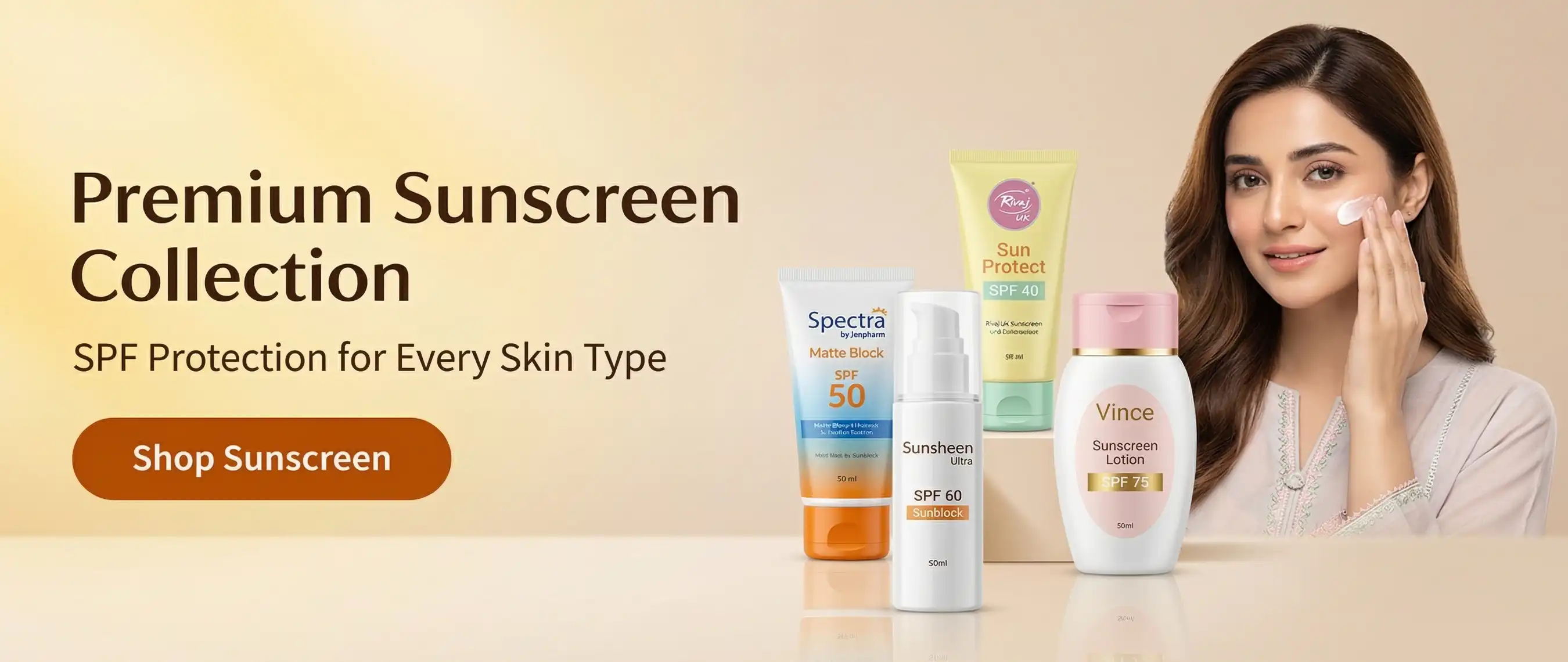 A woman applying broad-spectrum sunscreen cream on her face featuring a bright summer aesthetic with sun protection products.