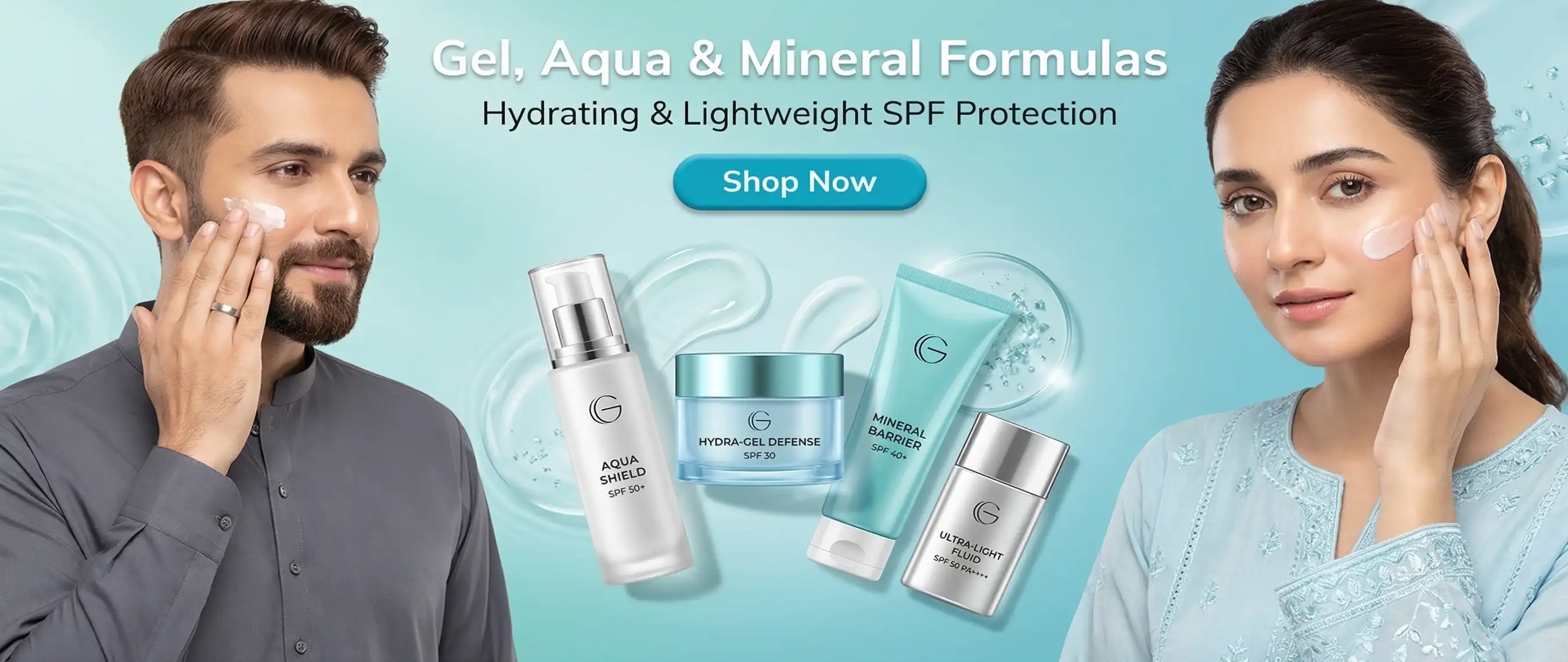 A flat lay of mineral and physical barrier sunscreens with water-based gel textures on a refreshing aqua-themed background.