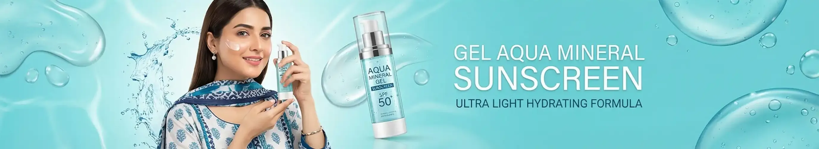 Gel-based sunscreen and physical mineral sunblock in Pakistan banner for lightweight invisible protection.