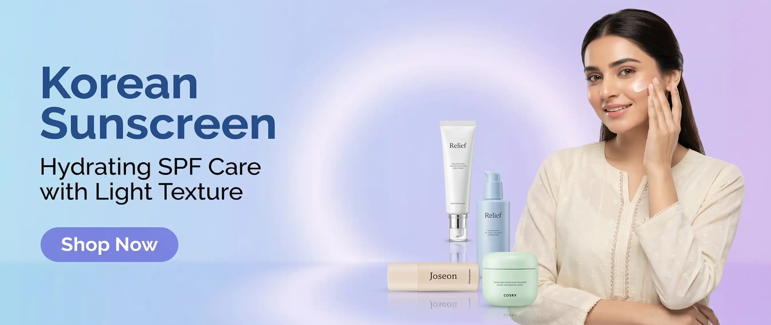 A girl achieving the "glass skin" look with a viral Korean sunscreen tube featuring a minimalist K-beauty aesthetic.