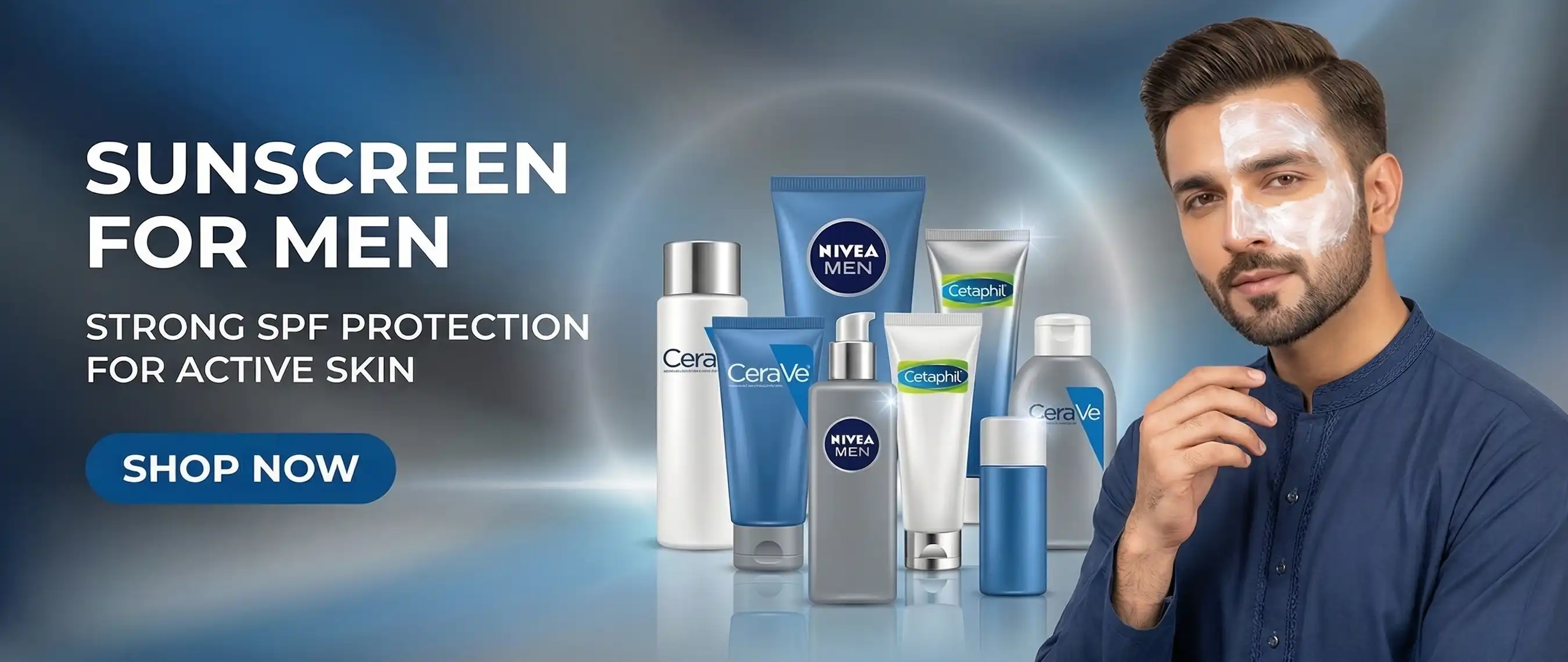 A man applying a non-greasy sunblock for men featuring a sporty, sweat-resistant, and matte-finish theme.