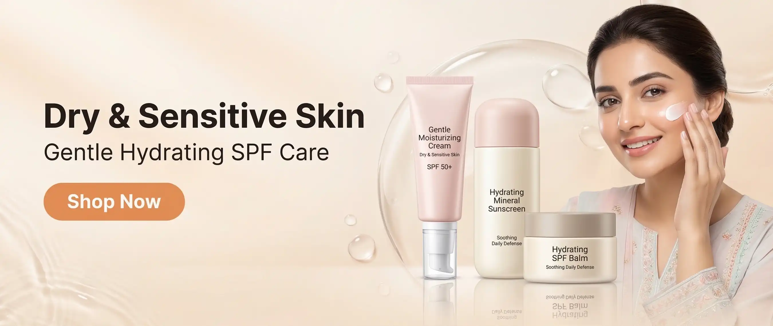 A model with dewy skin showcasing a hydrating medicated sunblock for dry skin against a soft and cream background.