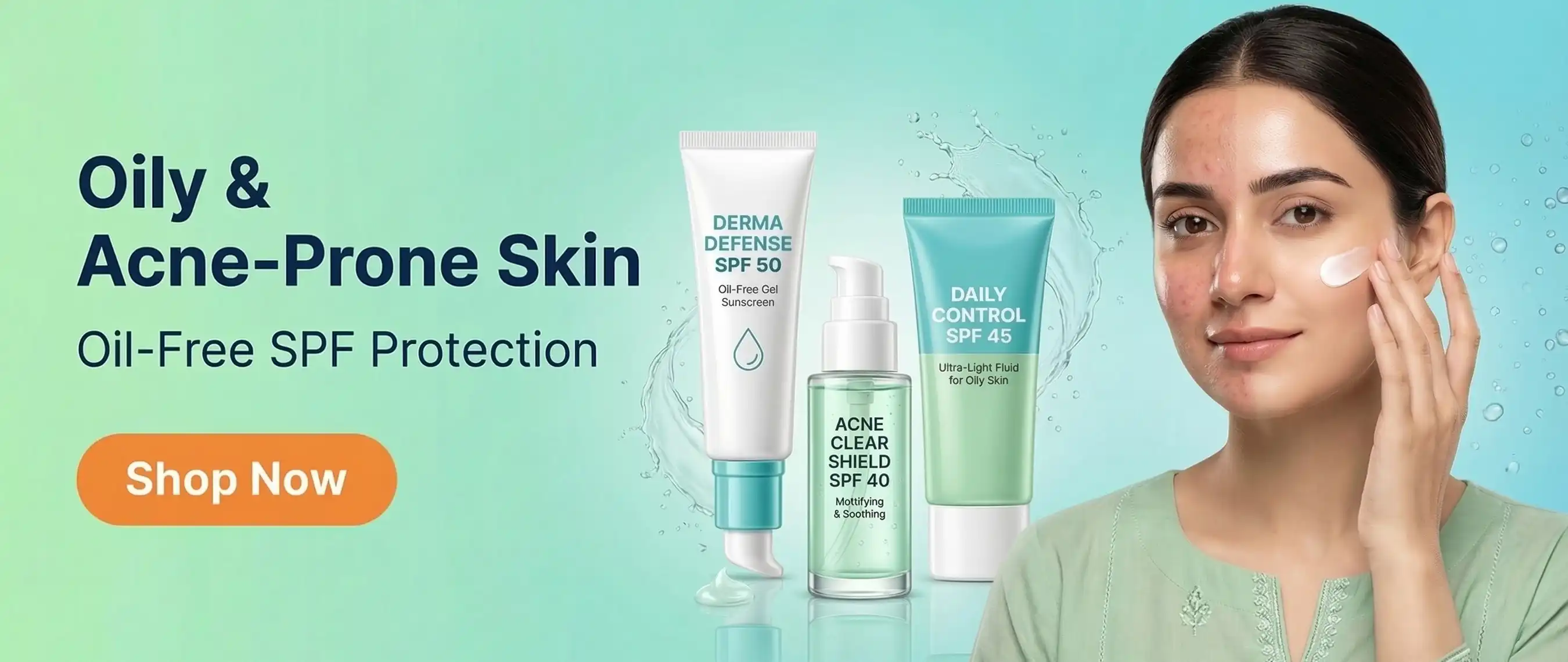 A girl with clear skin posing next to an oil-free medicated sunblock for acne-prone skin with a clean teal and white theme.
