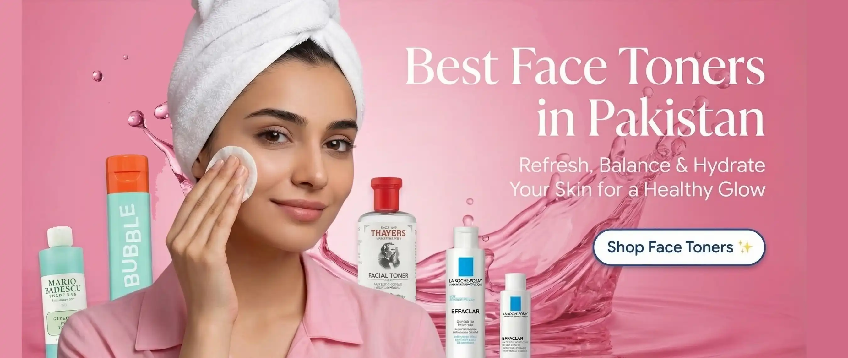 Girl applying facial toner with a cotton pad for a healthy glow, featuring top brands like Thayers, La Roche-Posay, and Mario Badescu in Pakistan at Rozly.