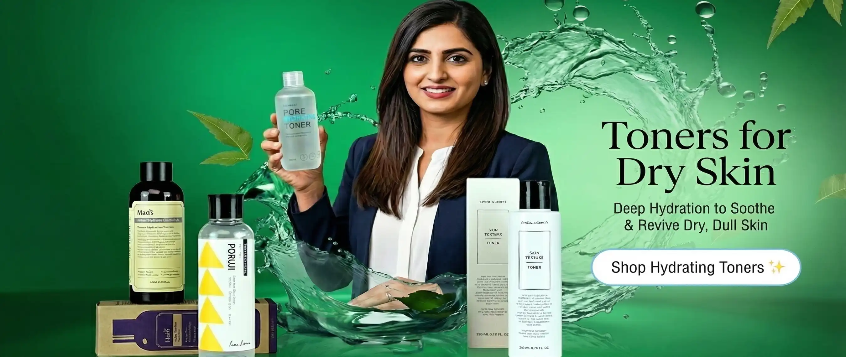 Girl presenting hydrating milk toner for dry skin in her hand against a luxury green cosmetics theme with other brands of Dry Skin Toners as well.