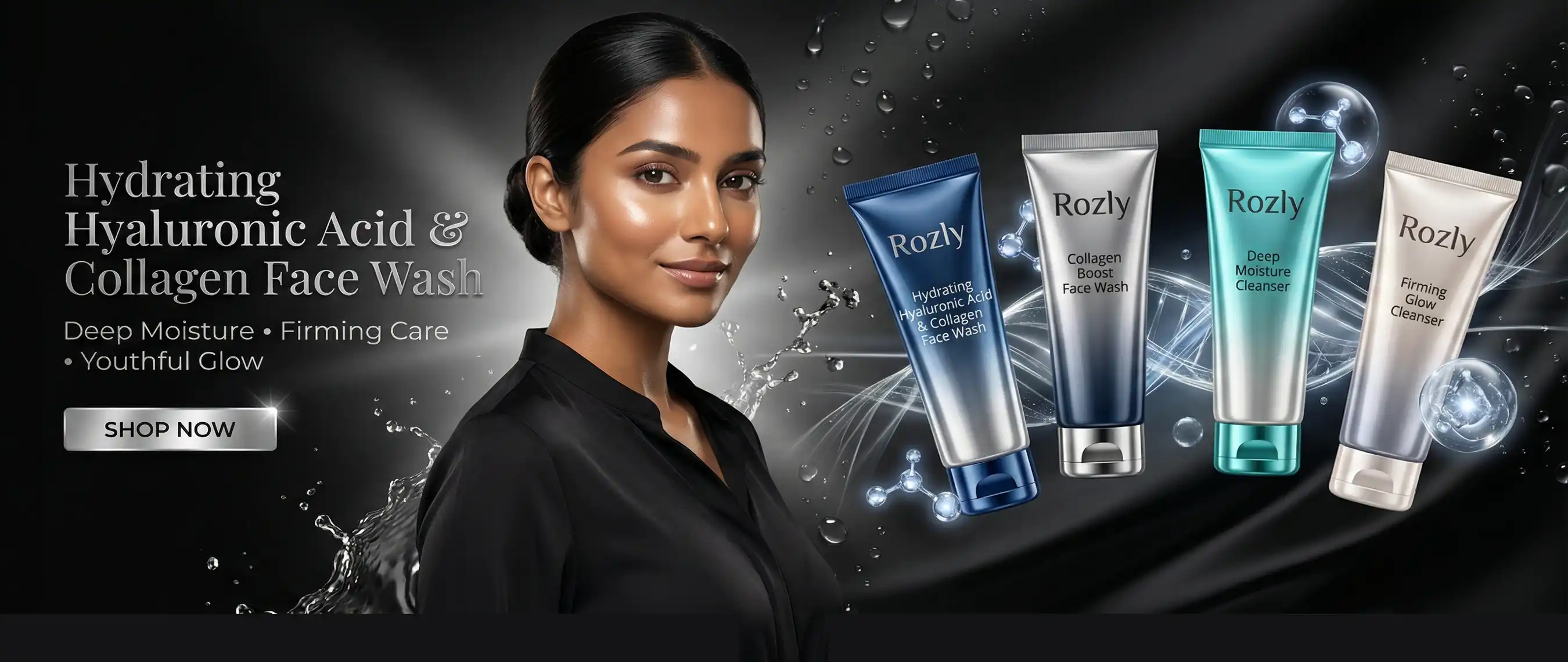 Luxury Collagen and Hyaluronic Acid face wash presented by a girl for deep skin hydration on blackish background