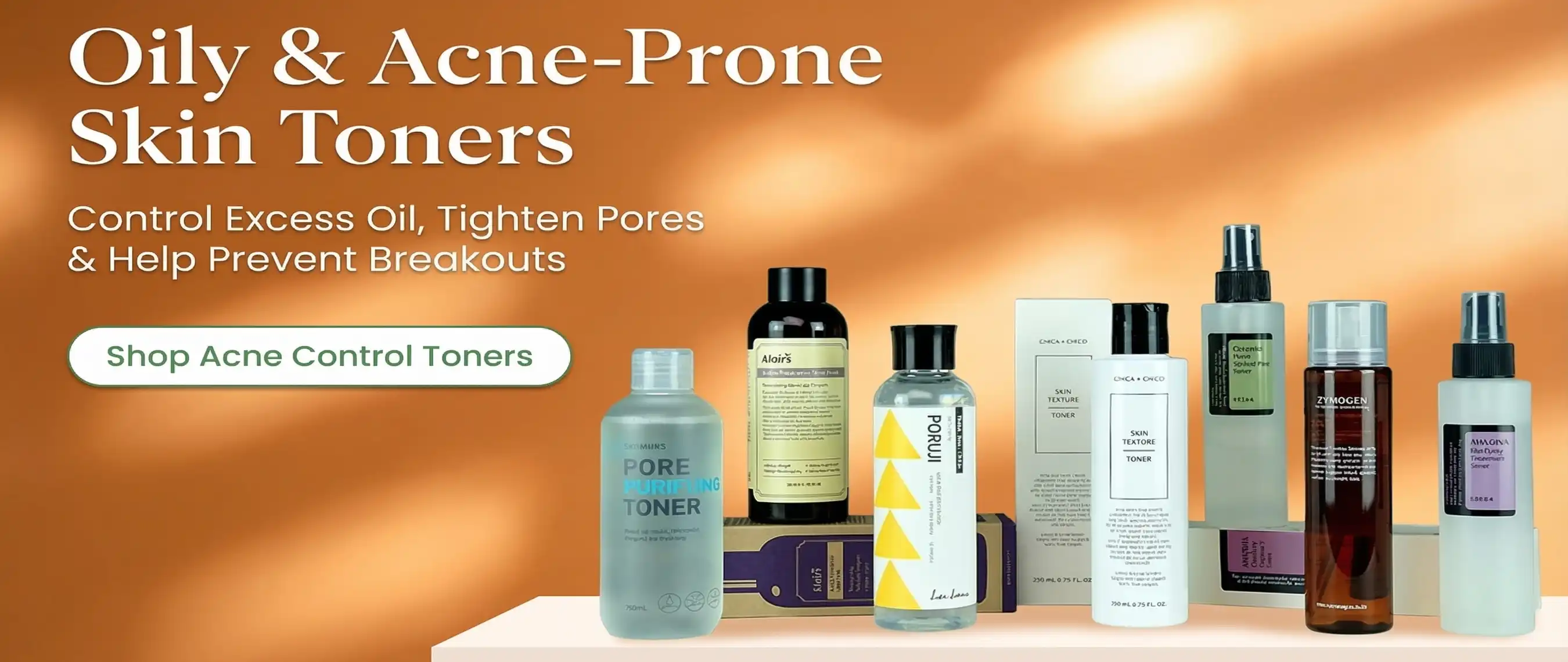 A collection of toners including salicylic acid toner for oily skin and pore tightening is displayed against a luxury aesthetic.