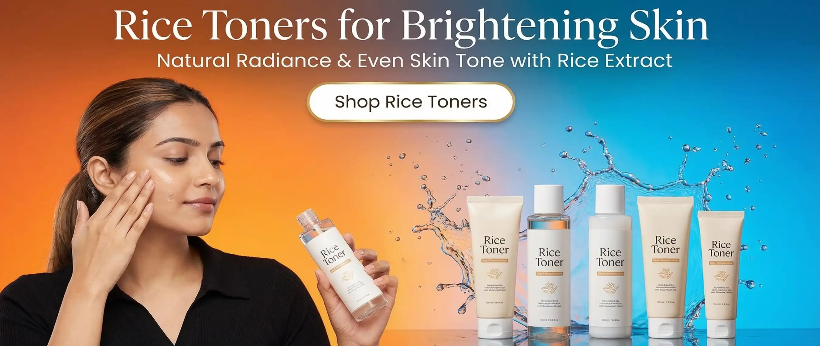 Girl using rice water toner for glass skin and brightening with luxury gold and sky blue theme accents.