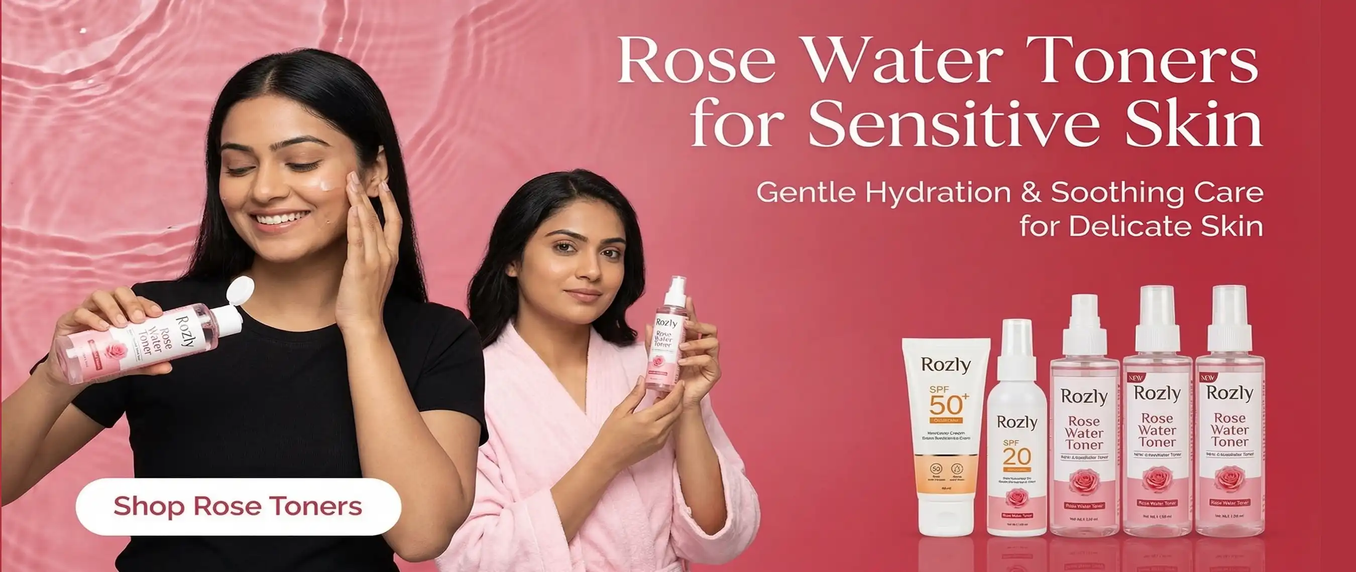 One Girl refreshing face with organic rose water toner for soothing skin and the other presenting the rose water toner in a luxury setting.