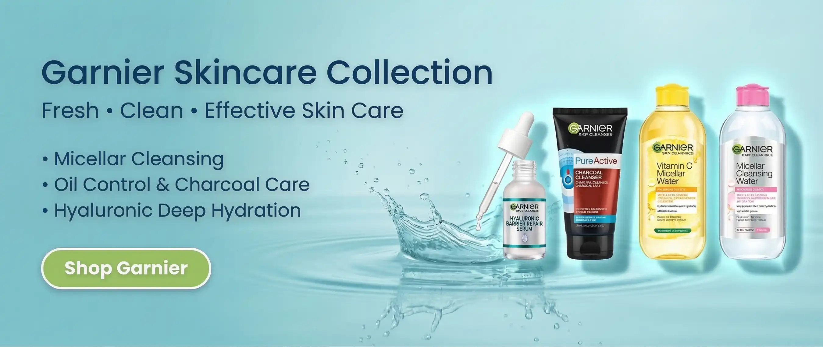 Garnier skincare products banner with creams, face wash, serum, face mask and sunscreen bottles displayed for daily skin care routine -Rozly.pk