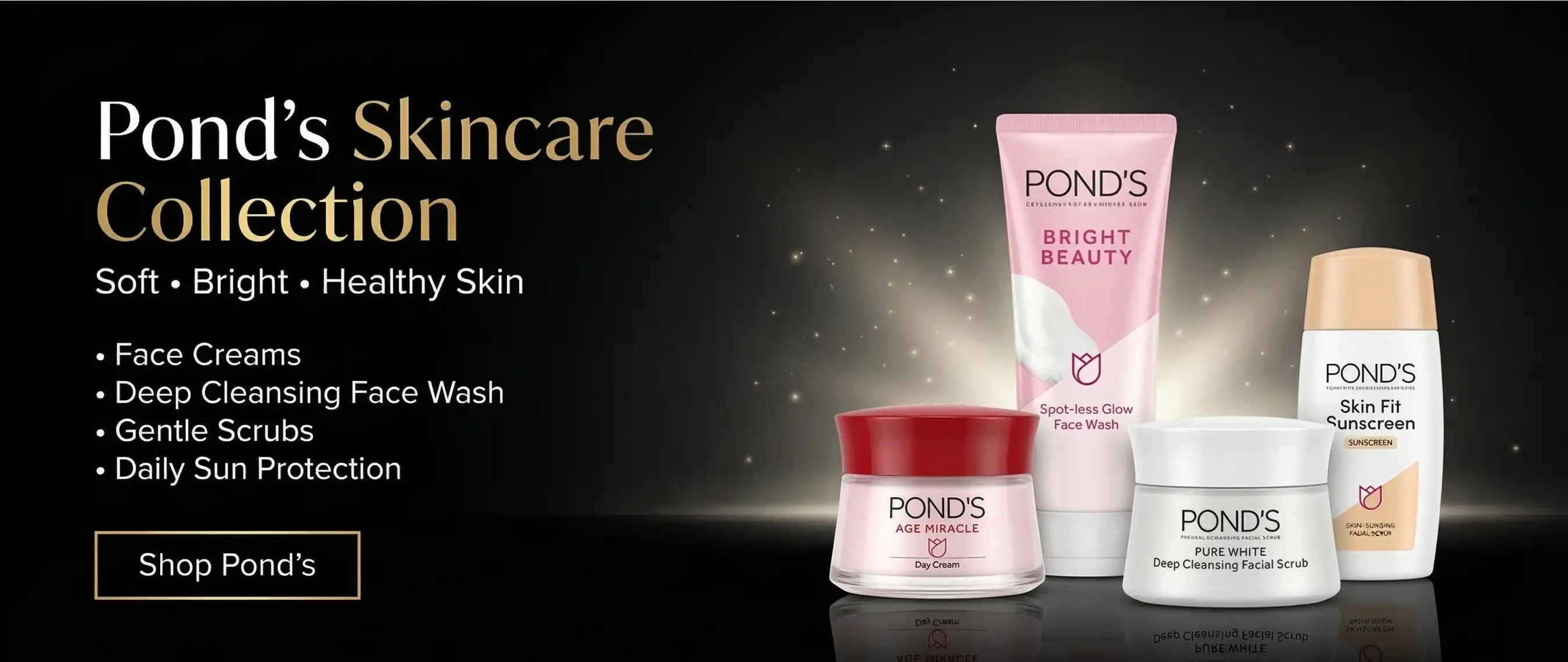 Ponds beauty skin care collection showing cream jars, face wash tubes, scrub and sunscreen products - rozly.pk