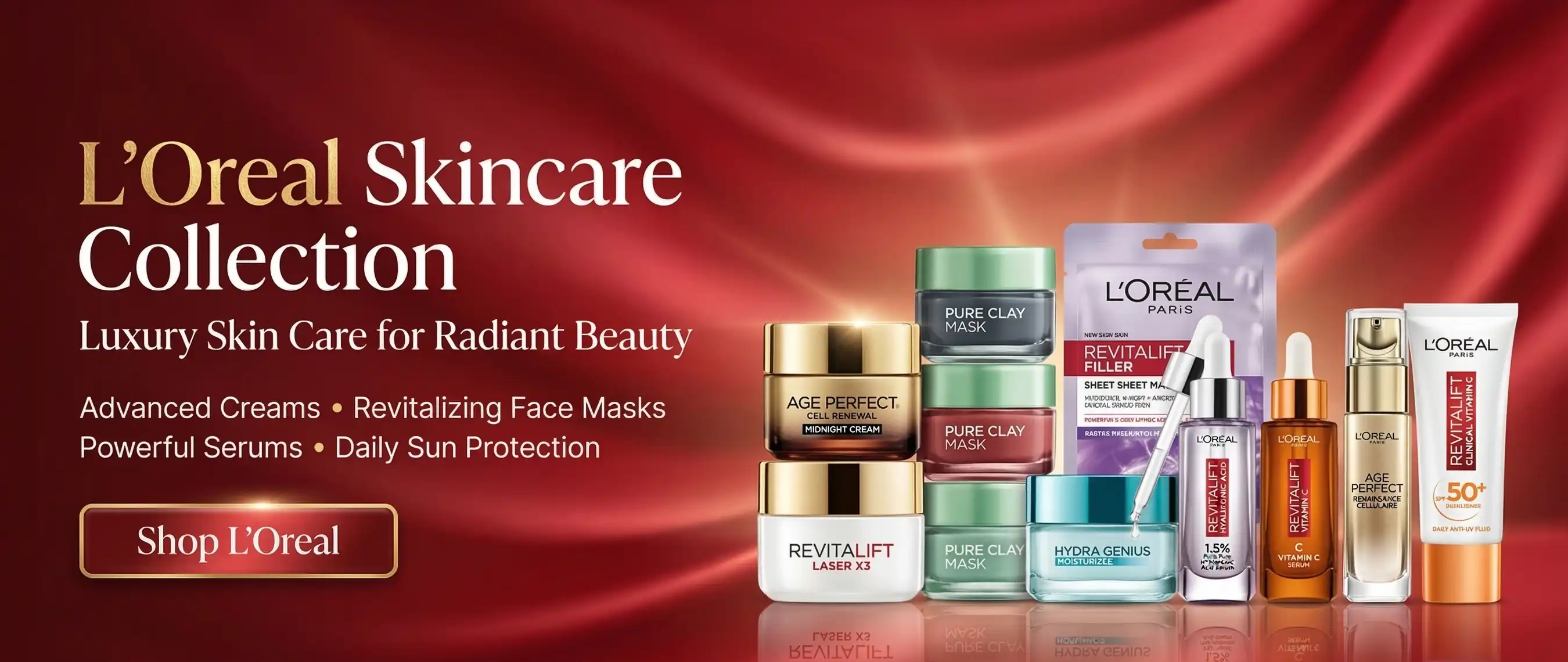 L'Oreal skin care range featuring face creams, hydrating serums, sunscreen and facial masks displayed in brand showcase banner -rozly.pk