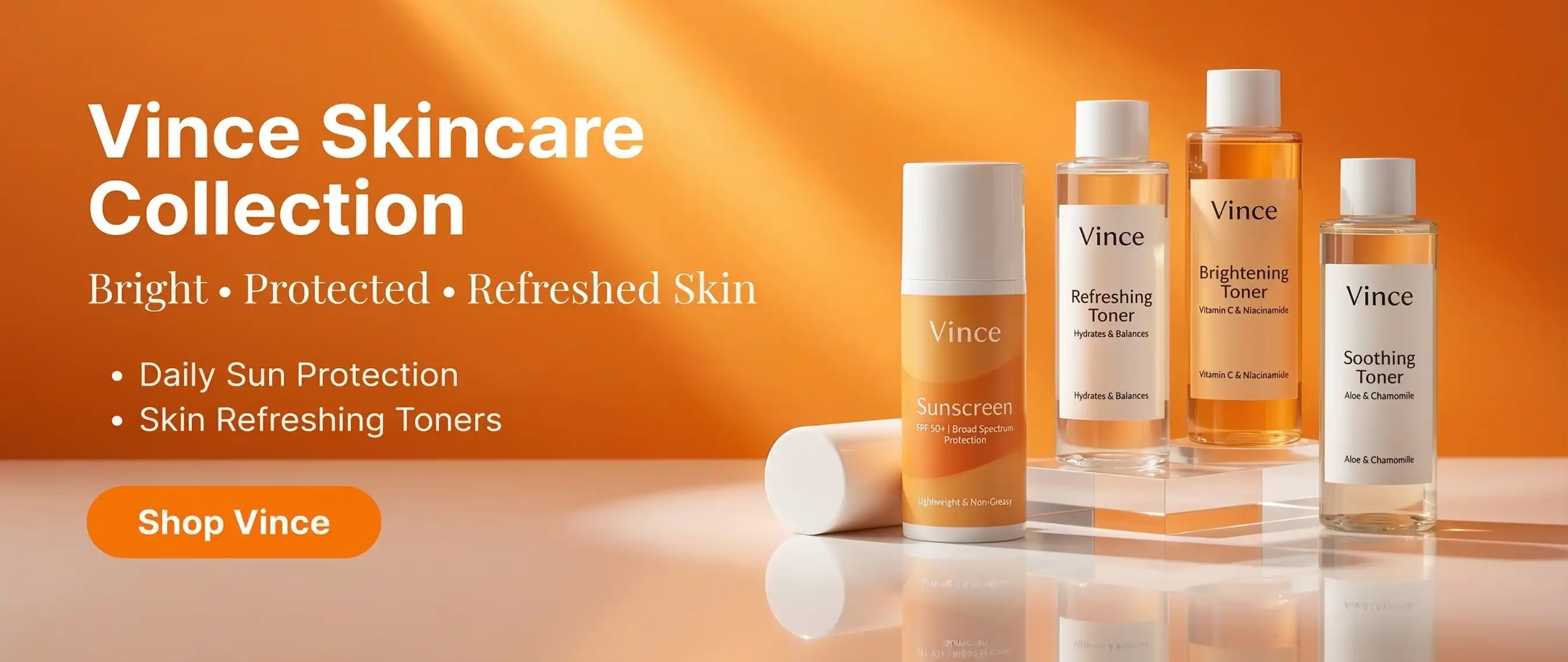 Vince dermatology skincare products showing brightening cream, serum, toner and sunscreen in modern cosmetic - Rozly.px