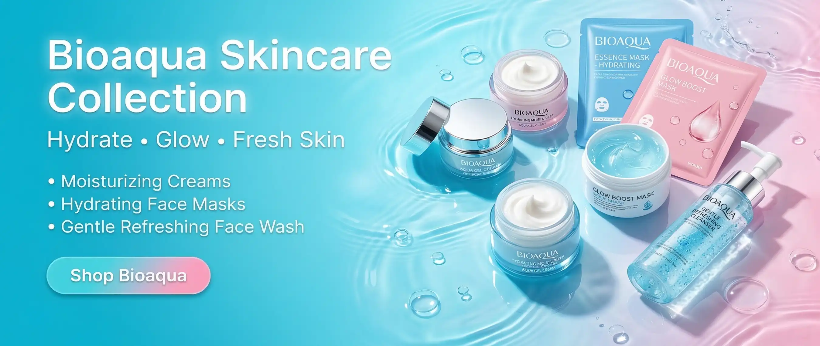 Bioaqua beauty skincare products with moisturizing cream, facial cleanser and sheet mask showcased in cosmetic banner - rozly