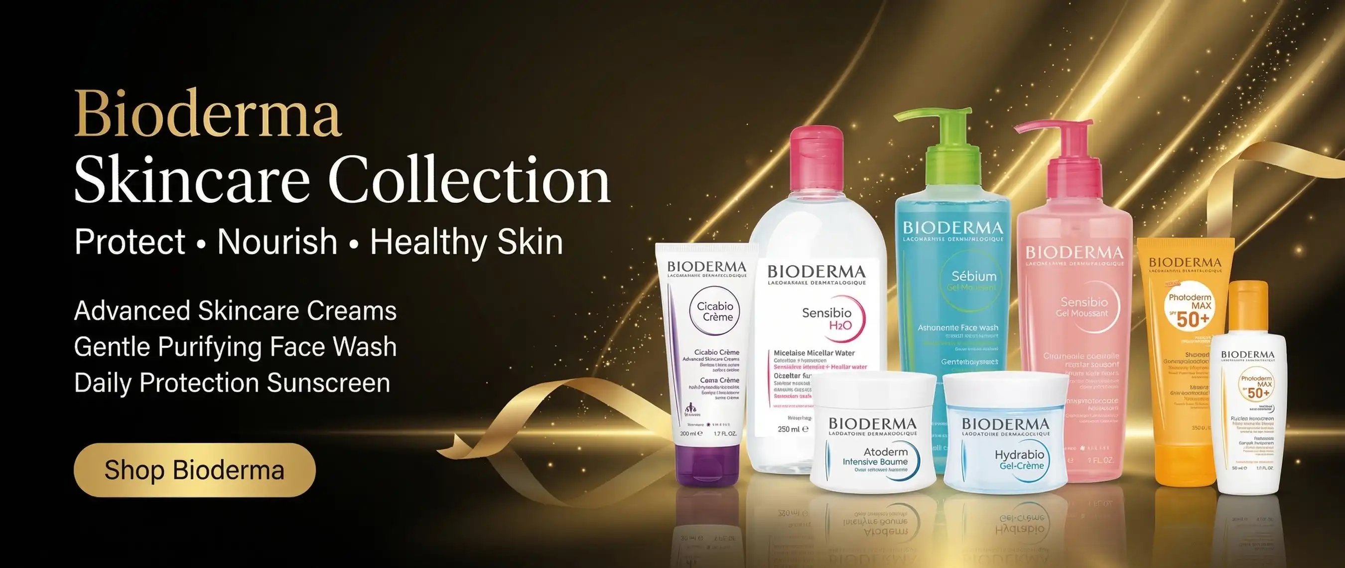 Bioderma sensitive skin care products featuring cleanser, cream and sunscreen arranged in dermatological brand banner - rozly