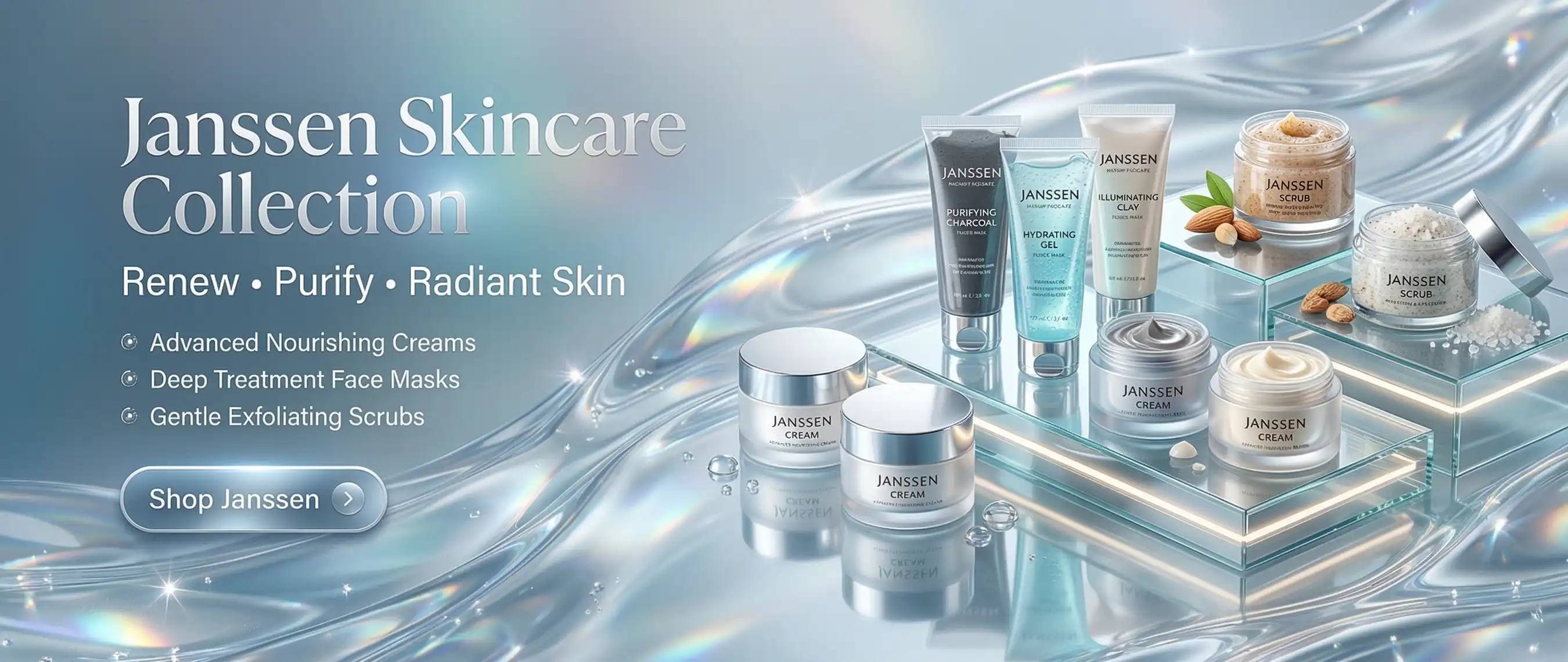 Janssen professional skincare line showing cream jars, facial mask and exfoliating scrub products -at Rozly
