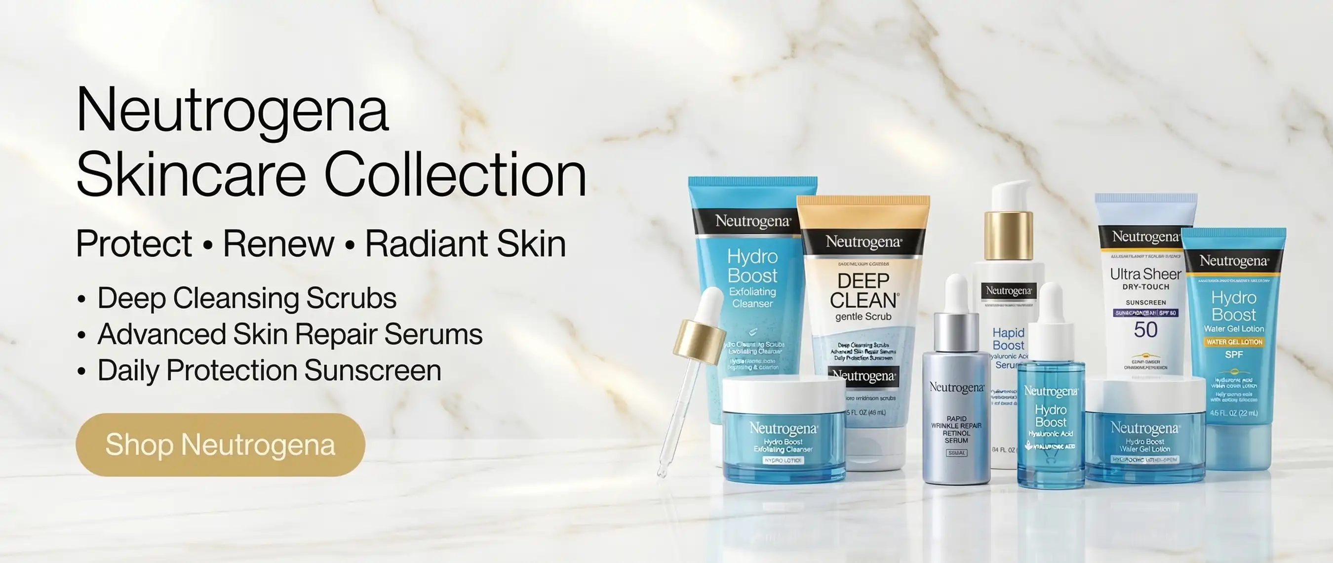 Neutrogena beauty products display with face scrub, treatment serum and sun protection sunscreen in skincare banner - rozly