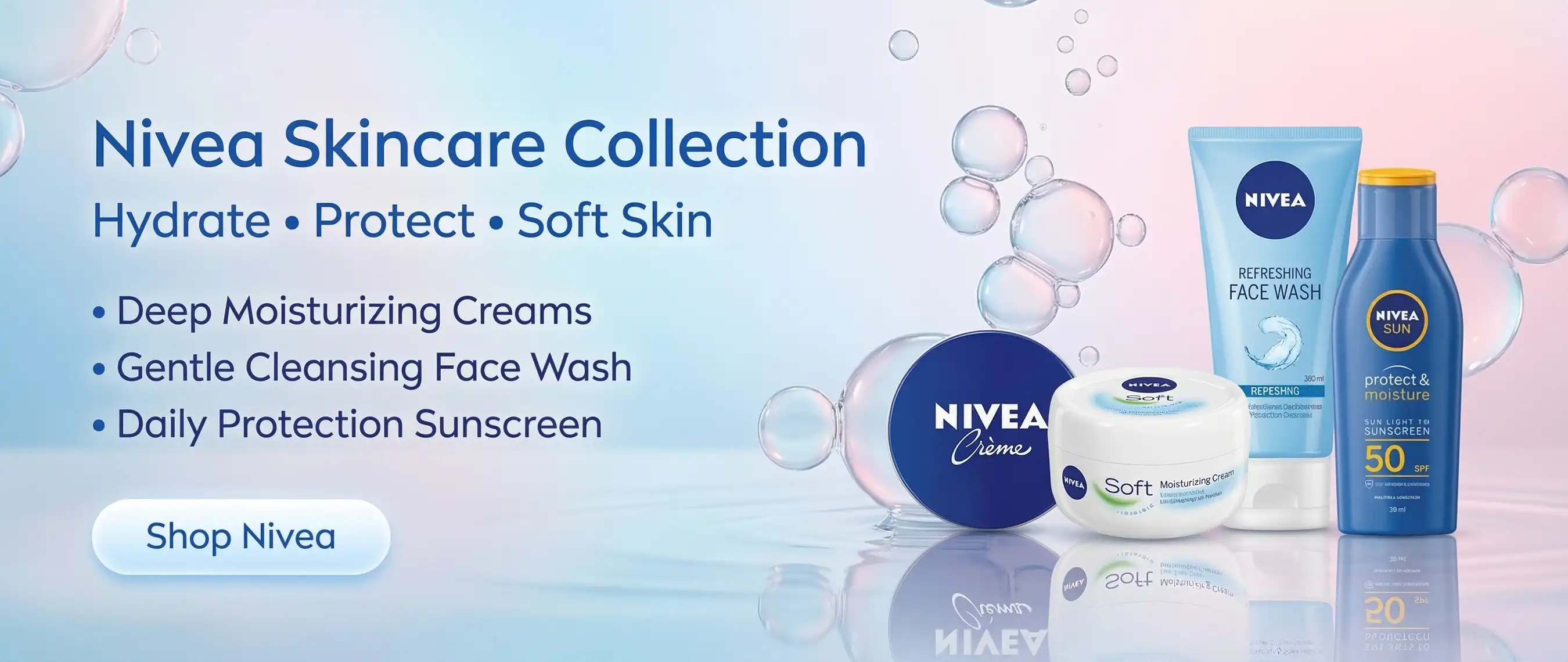 Nivea skin care collection with cream jars, face wash tubes and sunscreen bottles in cosmetic banner - Rozly