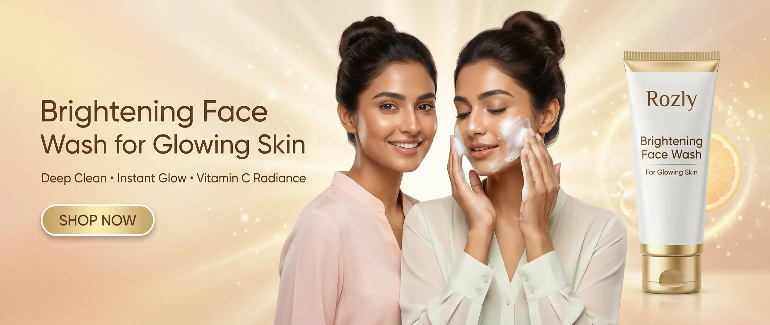 Two girl presenting a Vitamin C brightening face wash for glowing skin with gold luxury cosmetics theme, one girl have foams of face wash on the cheeks