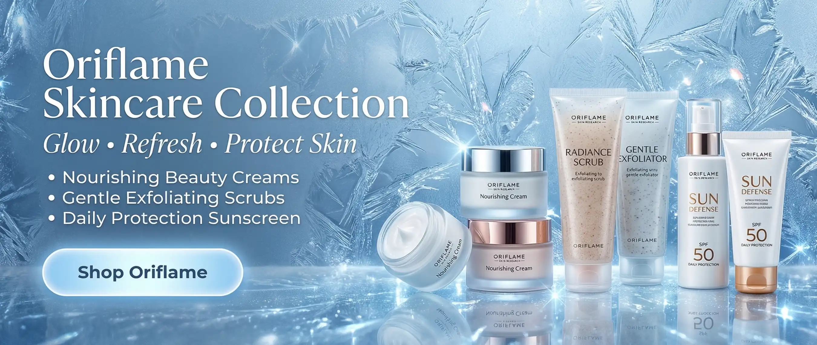 Oriflame skincare products banner showing creams, facial scrubs and sunscreen items in beauty collection - rozly