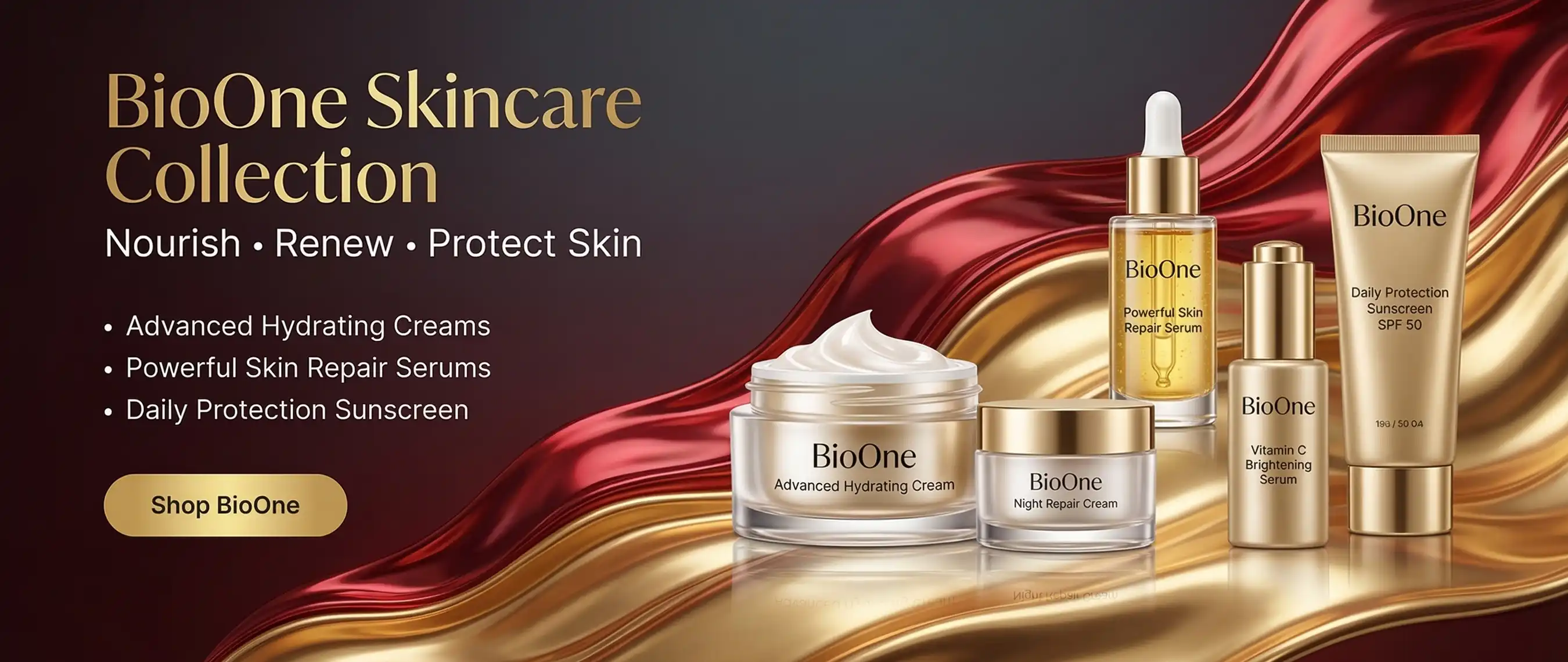 BioOne beauty products collection featuring cream jar, facial serum and sunscreen in cosmetic display