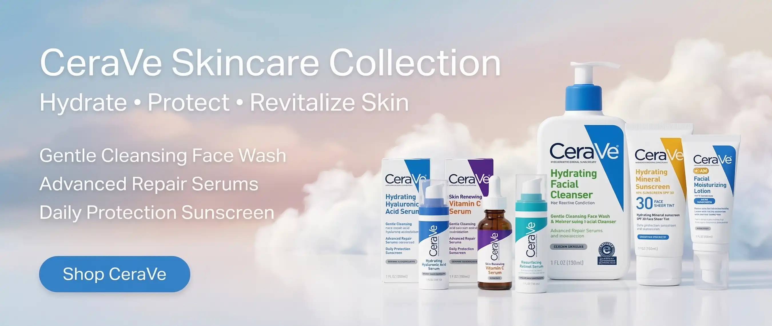 CeraVe skin care collection displaying cleanser, hydrating serum and sun protection sunscreen - Rozly