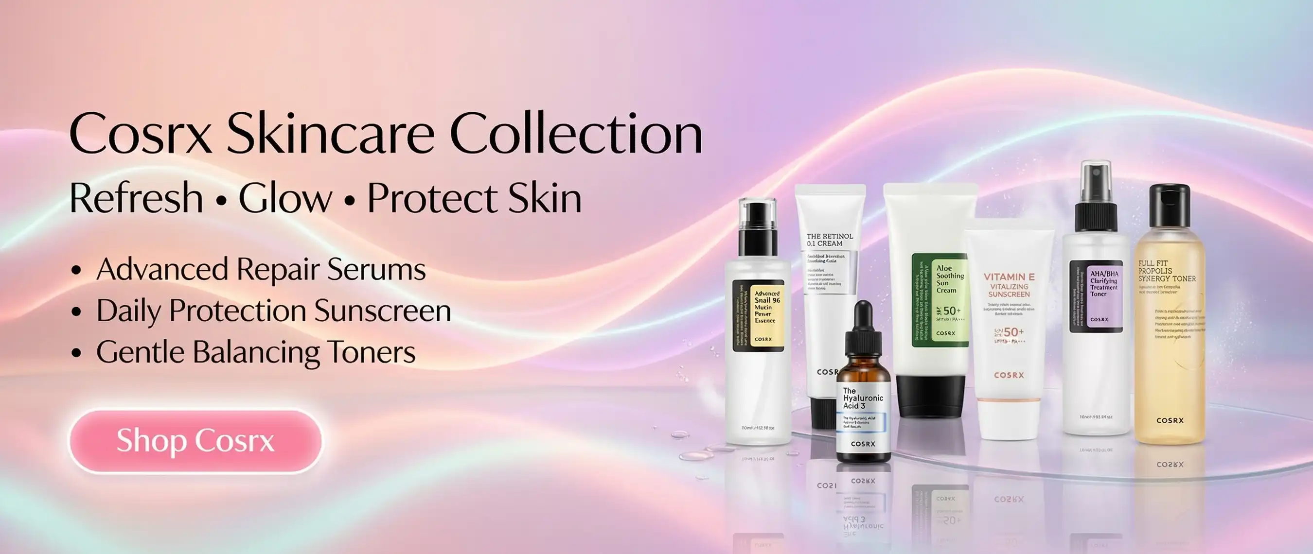 Cosrx Korean skincare banner with toner, facial serum and sunscreen products in minimal cosmetic display Rozly.pk