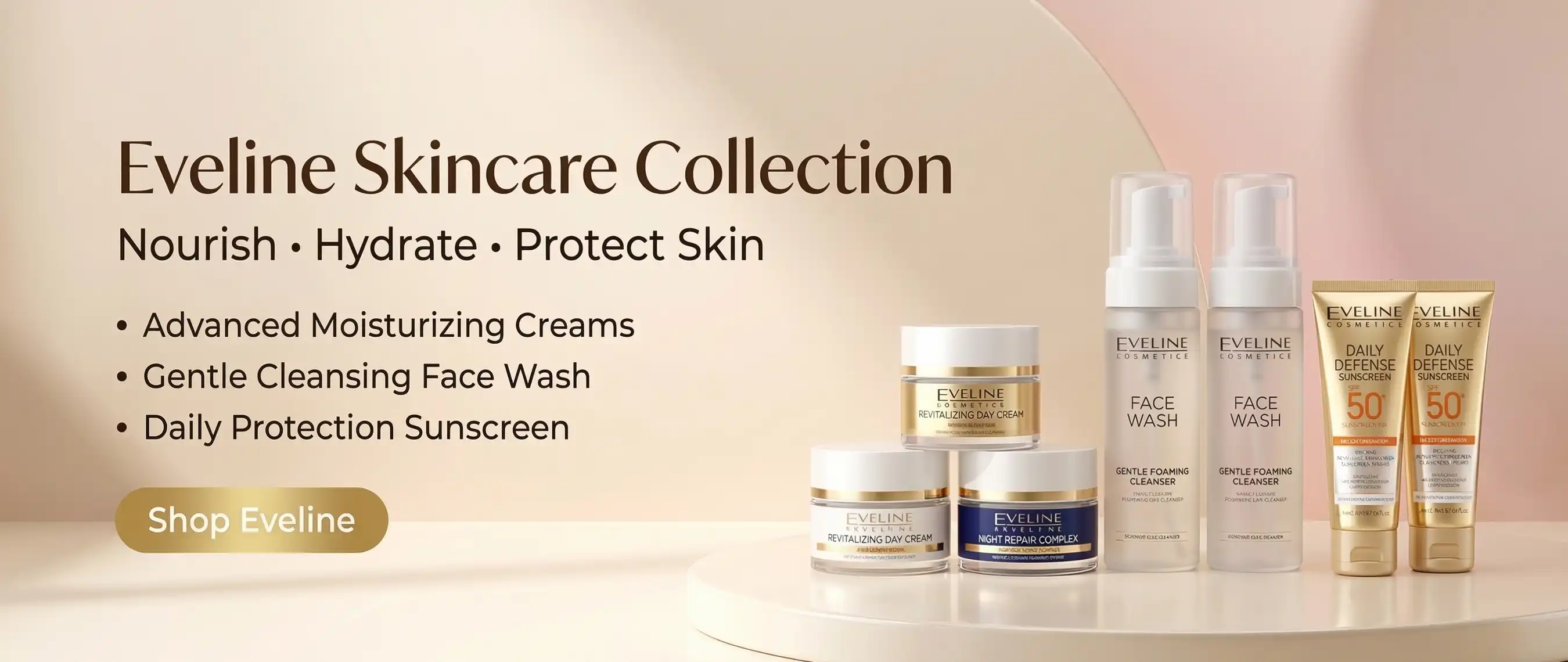 Eveline beauty products display with cream jar, face wash tube and sun protection sunscreen Rozly