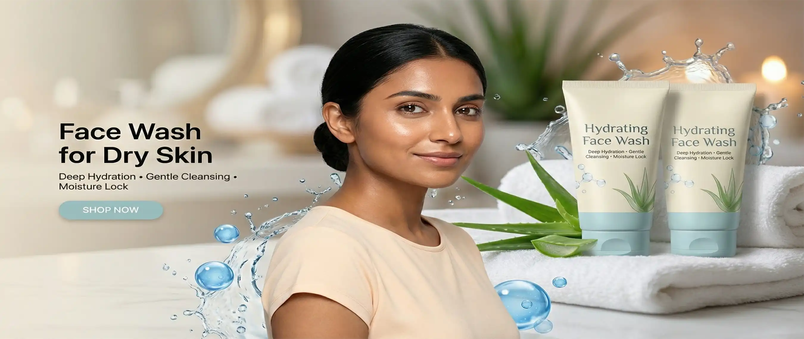 A girl presenting a luxury hydrating face wash for dry skin in Pakistan with aloe vera and water in the background