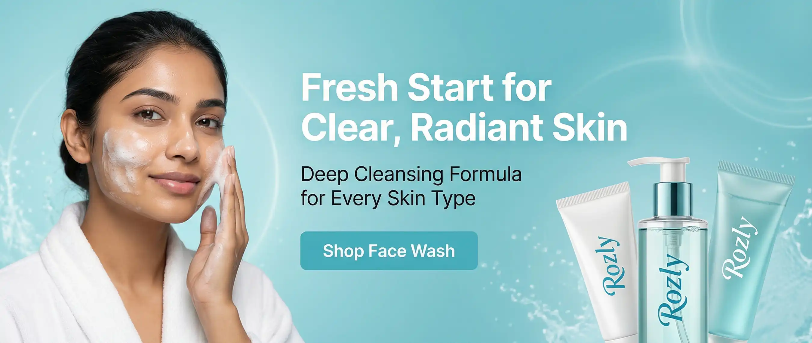 A girl applying a luxury face wash in Pakistan against a soft blue background