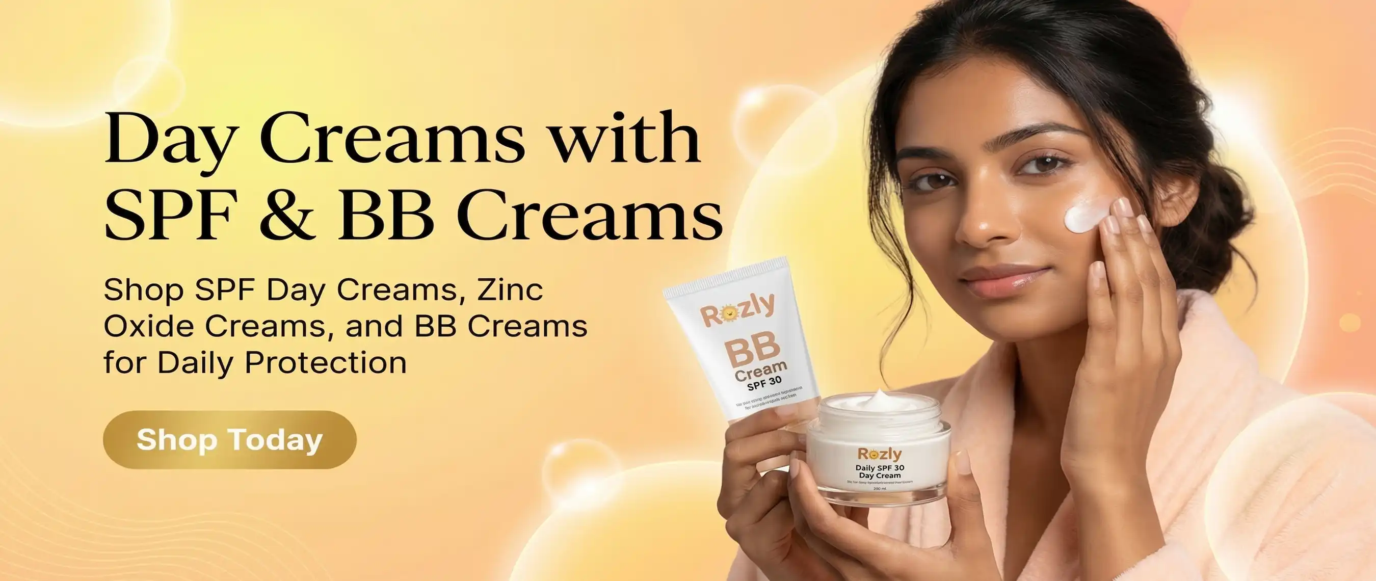 A girl applying Day Creams with SPF & BB Cream in Pakistan against a luxury golden cosmetics theme.