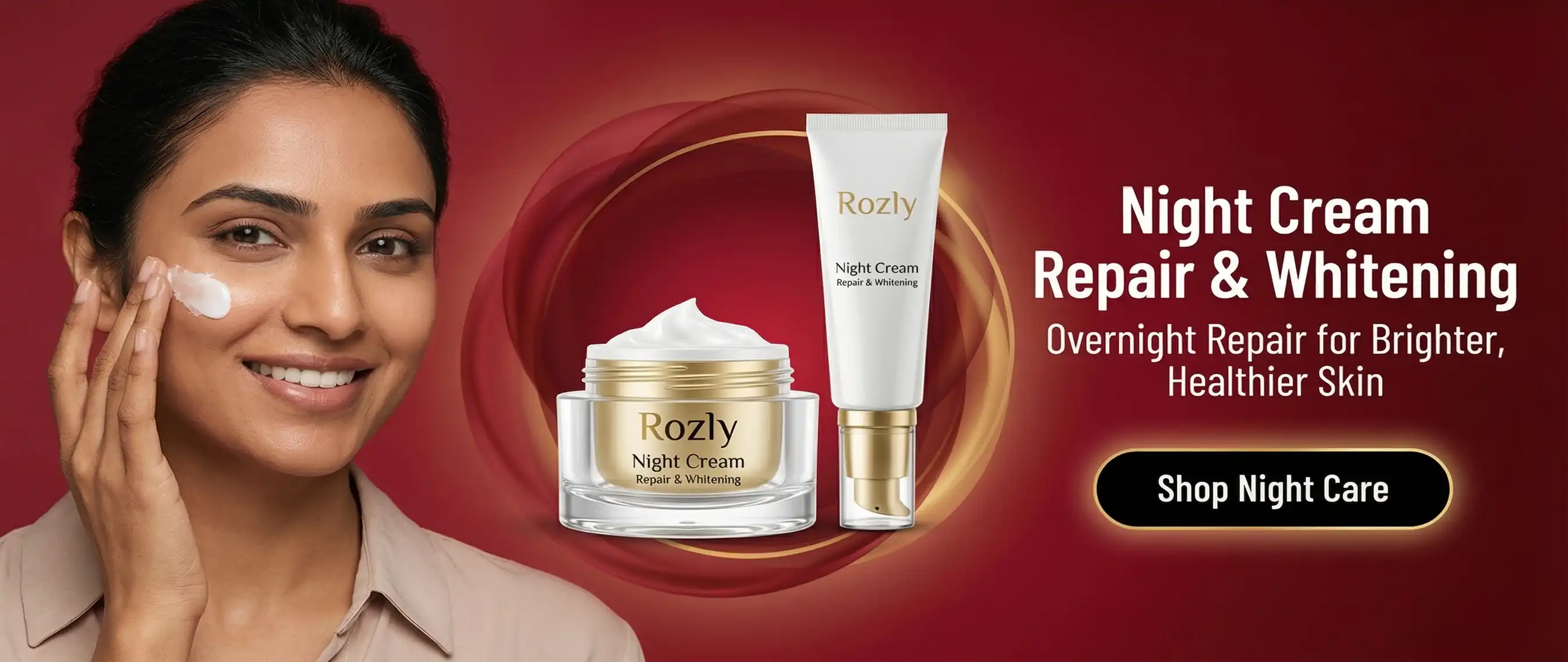 A girl applying Night Cream for overnight Reparing cream in Pakistan against a cosmetics theme.
