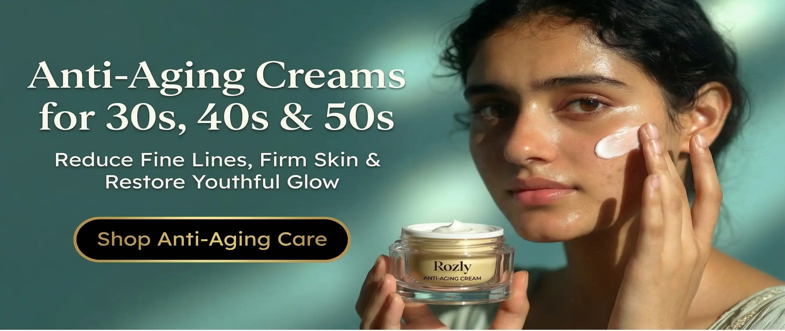 A woman applying Anti Aging Cream to reduce fine lines and firm skin against a luxury cosmetics theme.
