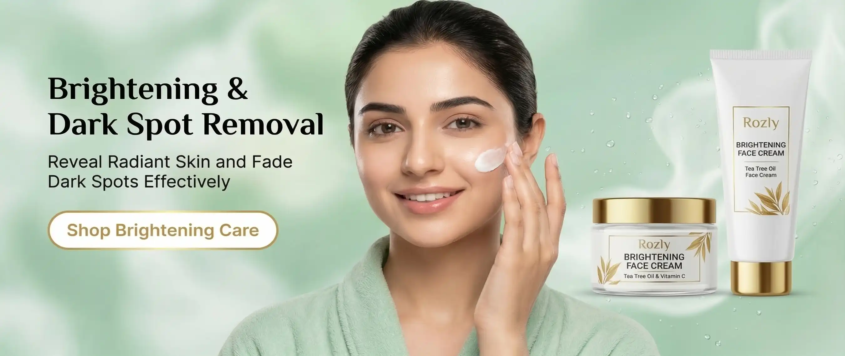 A girl applying Dark Spot Removal Cream for Brightening skin in Pakistan against a luxury green cosmetics theme.