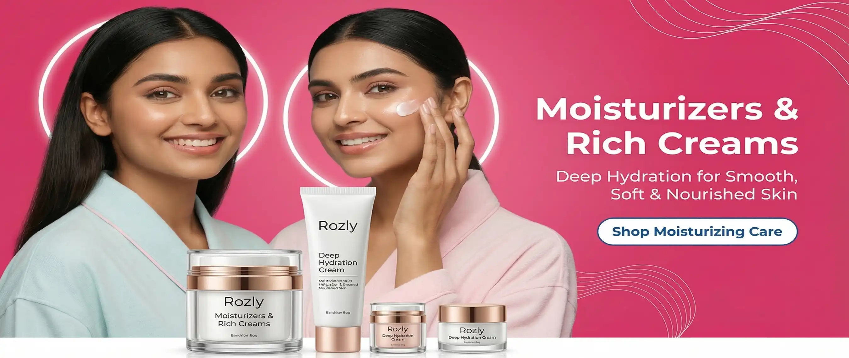 One girl applying Moisturizing Cream for Skin Hydration in Pakistan against a luxury pink cosmetics background with another girl already have Hydrated Skin.