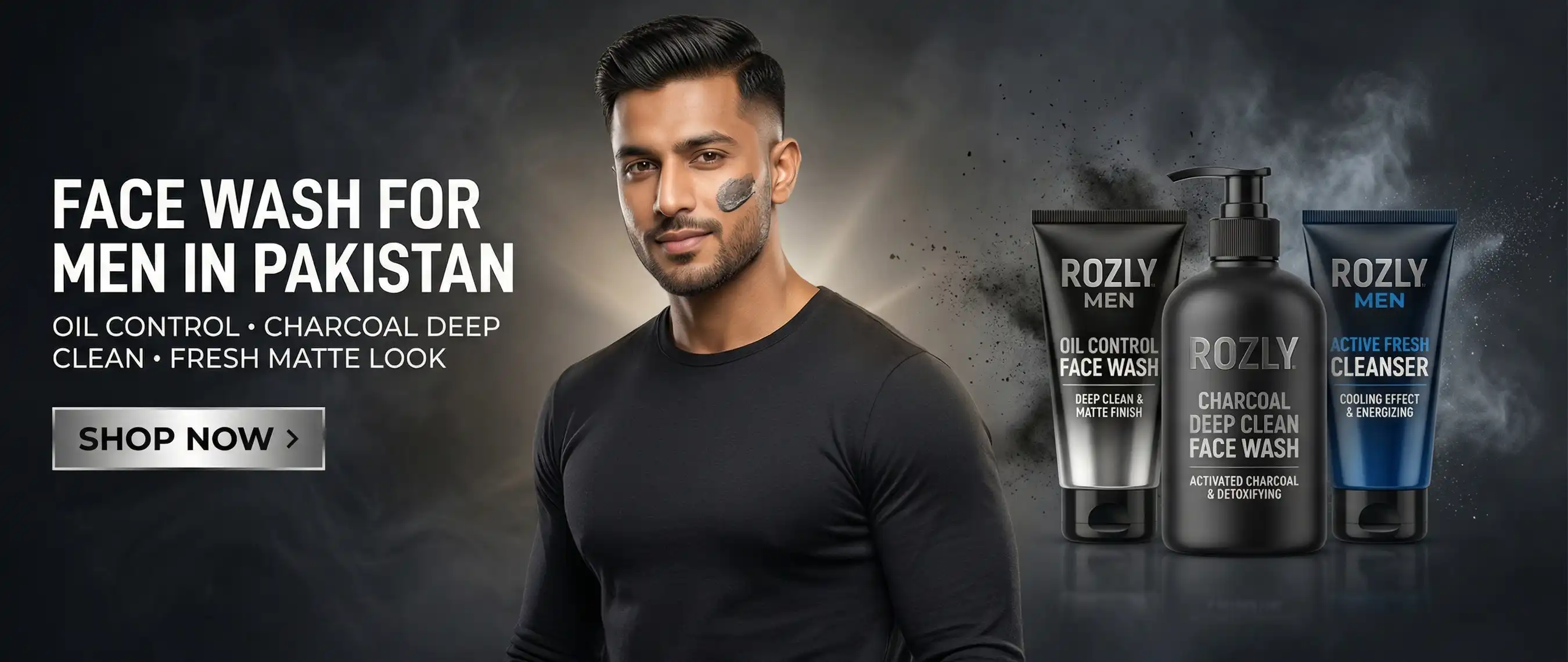 Man with charcoal face mask featuring Rozly Men skincare products, including Charcoal Deep Clean and Oil Control face wash for men in Pakistan.