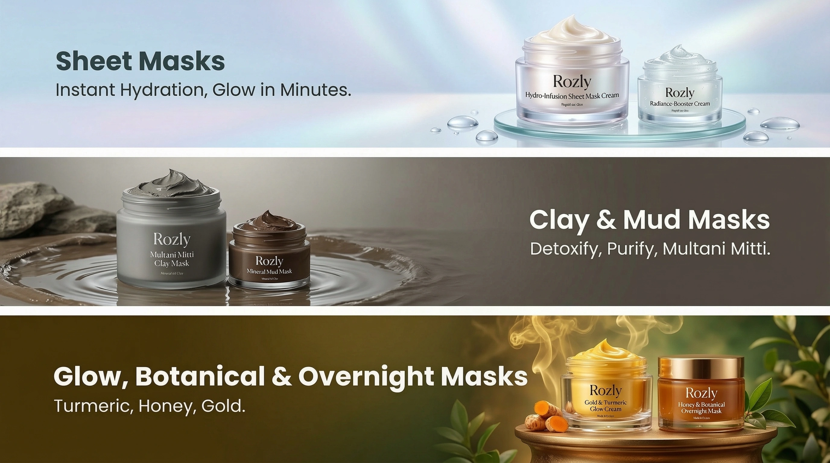 Clay and Mud Masks in Pakistan banner with luxury products at Rozly.