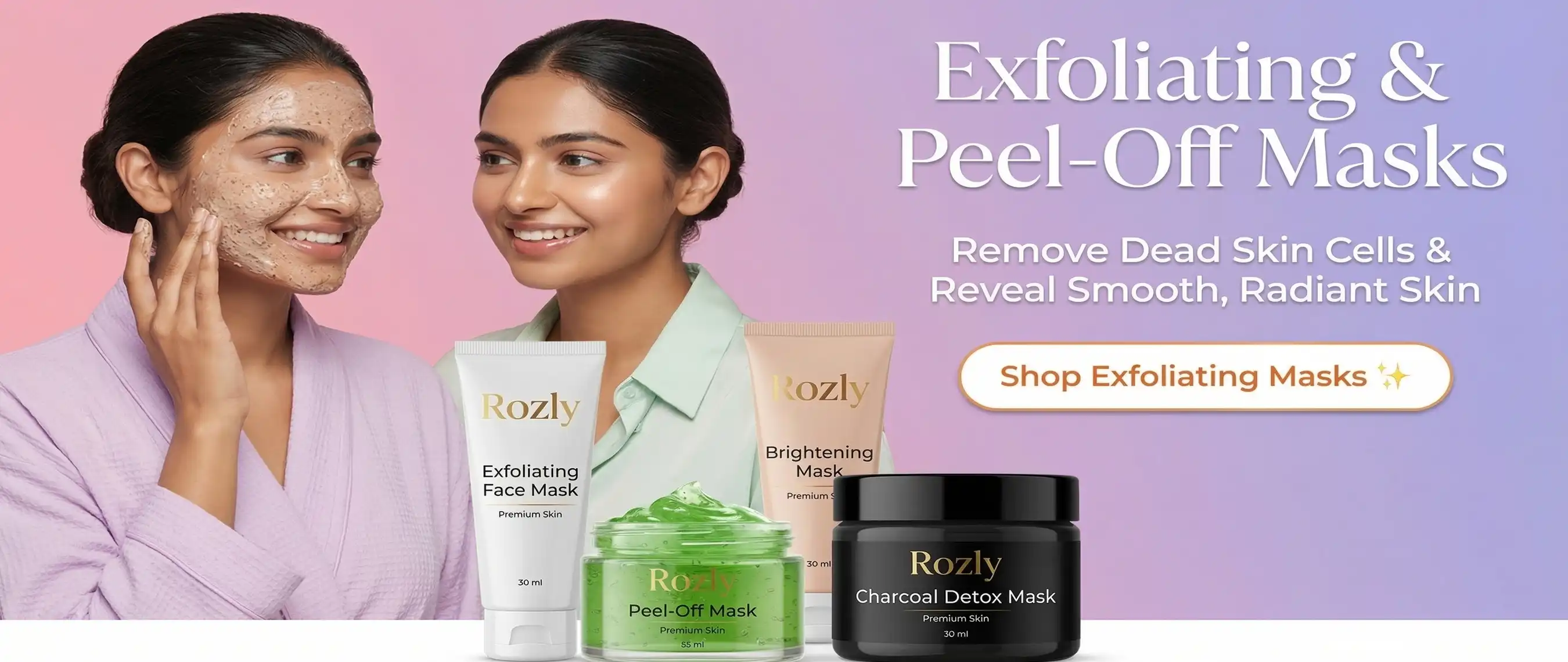 A girl applying Exfoliating & Peel-Off and showing smothness of its skin to other girl against a luxury cosmetics theme.