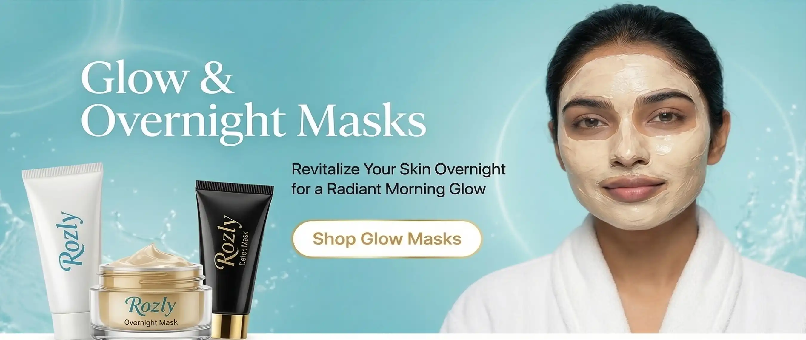 A girl applied rice flour mask Mask to Revitlize the skin overnight against a luxury watery theme.