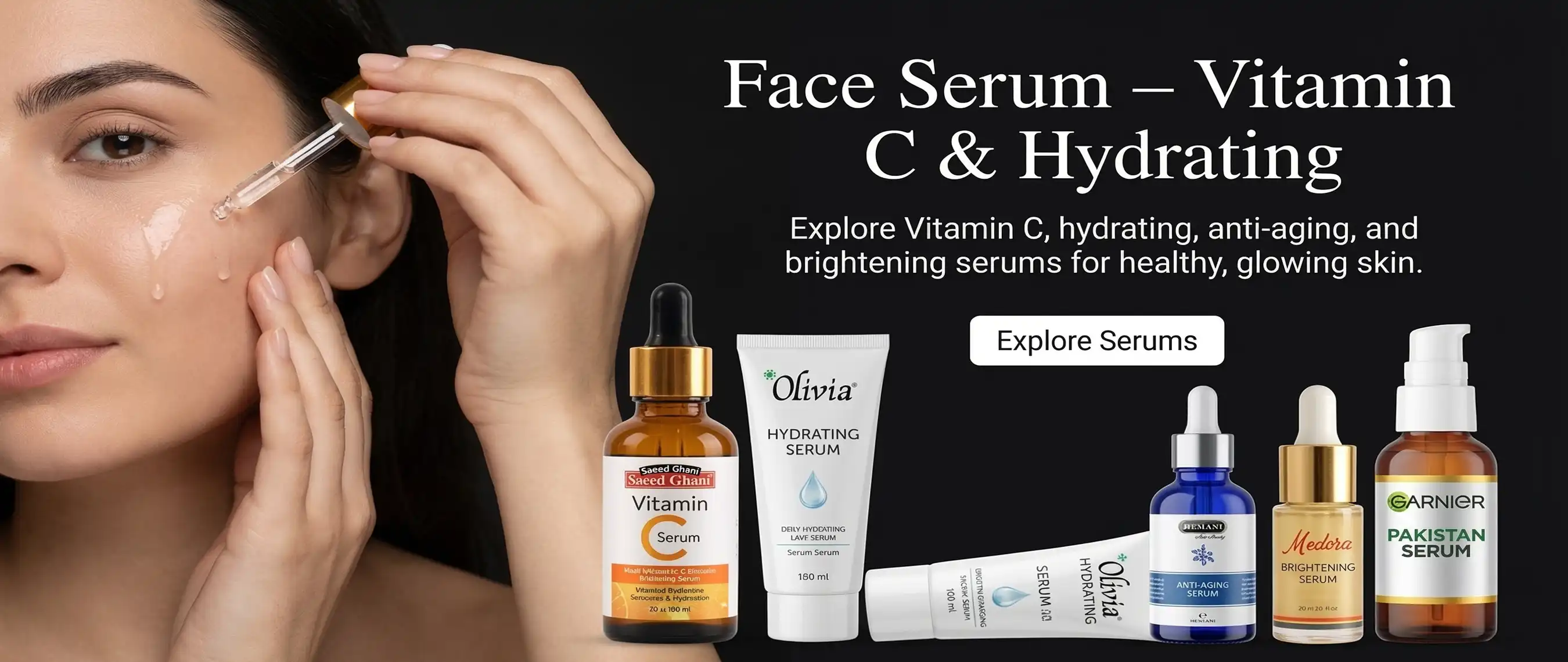 A girl applying Face Serum against a background having multiple luxury products at Rozly.