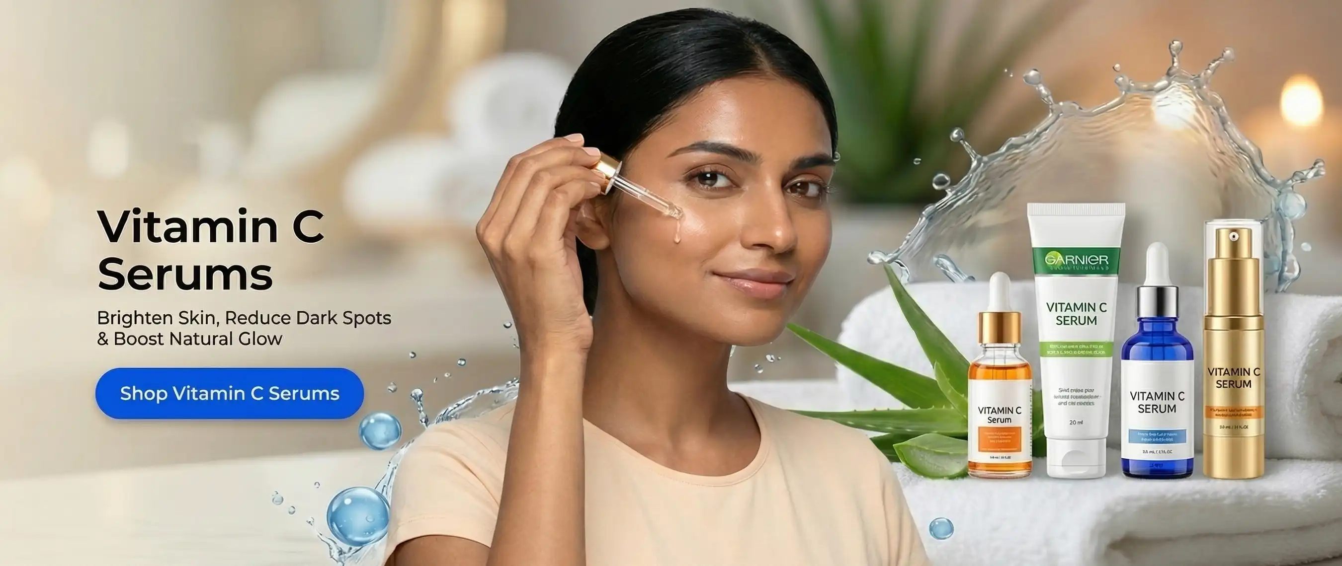 A girl applying Vitamin C Serums to Boost Natural Glow against a background having Alo vera and a few luxury products at Rozly.