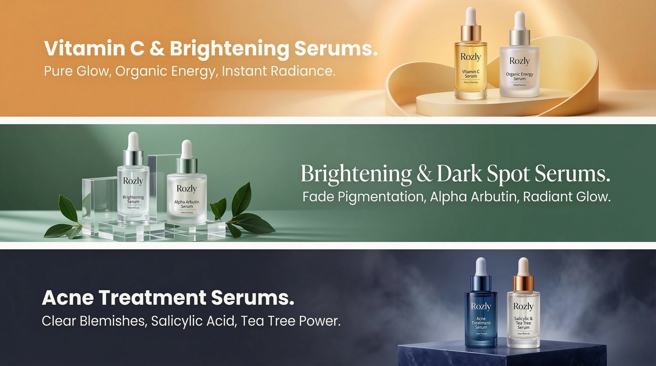 Best Vitamin C Serums in Pakistan banner with luxury products at Rozly.