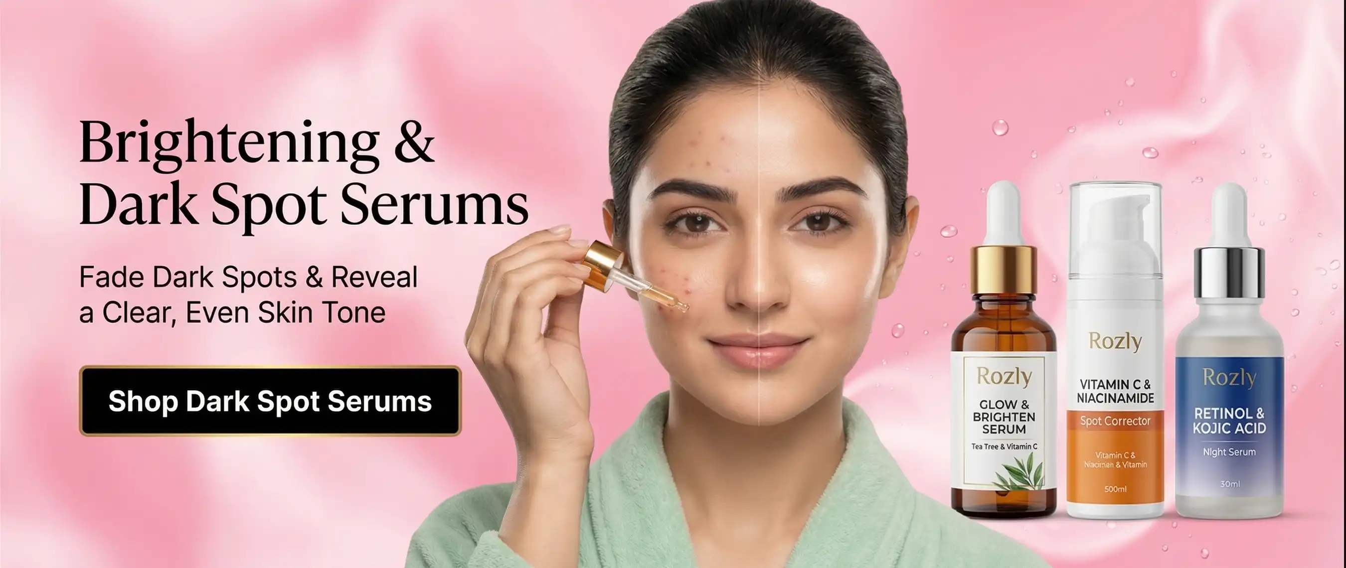 A girl face in compare one side applied Brightening & Dark Spot Removal Serums and other side has dark skin shown against a luxury rose pink cosmetics theme with three products displaced on side.