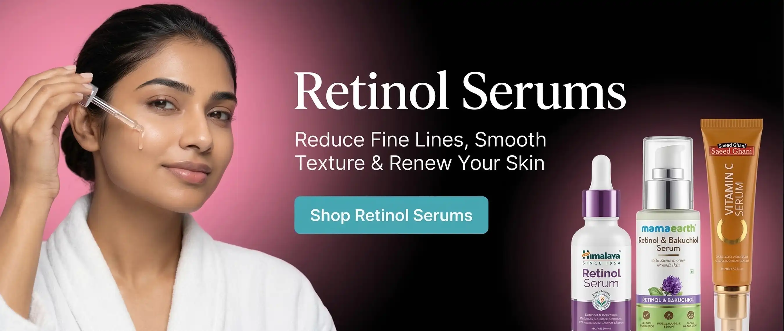 A girl applying Retinol Serums to smooth texture against a cosmetics theme.